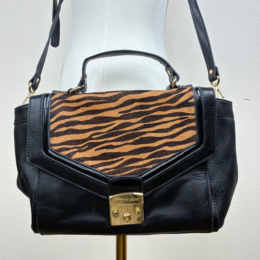 Antonio Melani Crossbody Bag Animal Tiger Print Genuine Leather Pony Hair Black